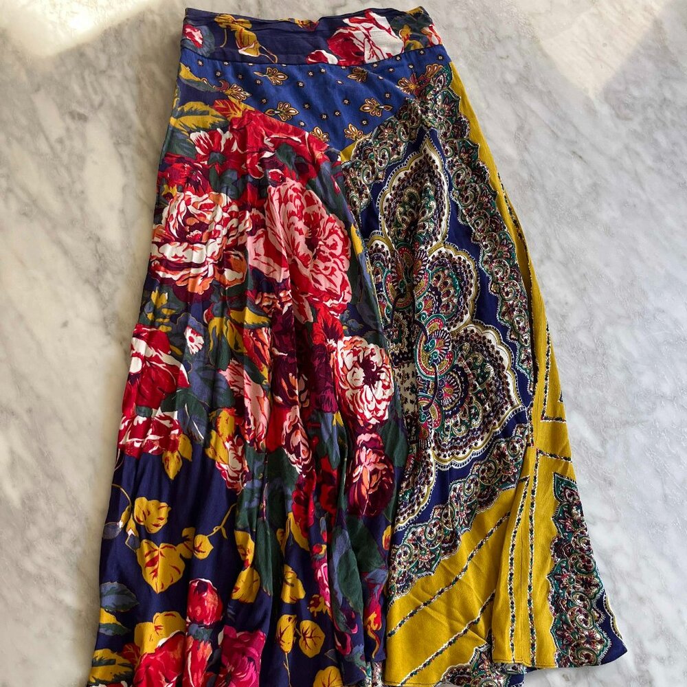 Anthropologie Patchwork Floral Midi Skirt | Boho Cotton A-Line - Size 0